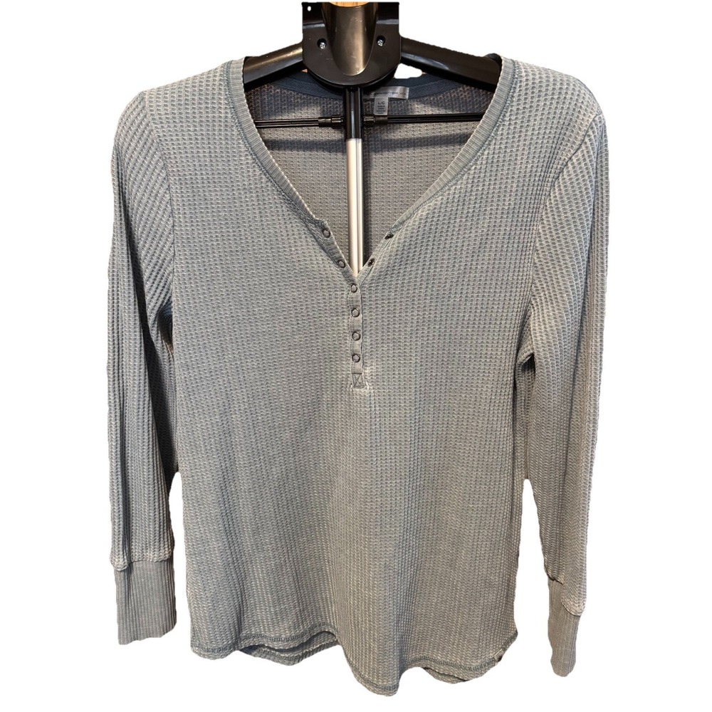 SEVEN7 Women's Lg Thermal Waffle Knit Snap Henley Shirt Blue Thermal